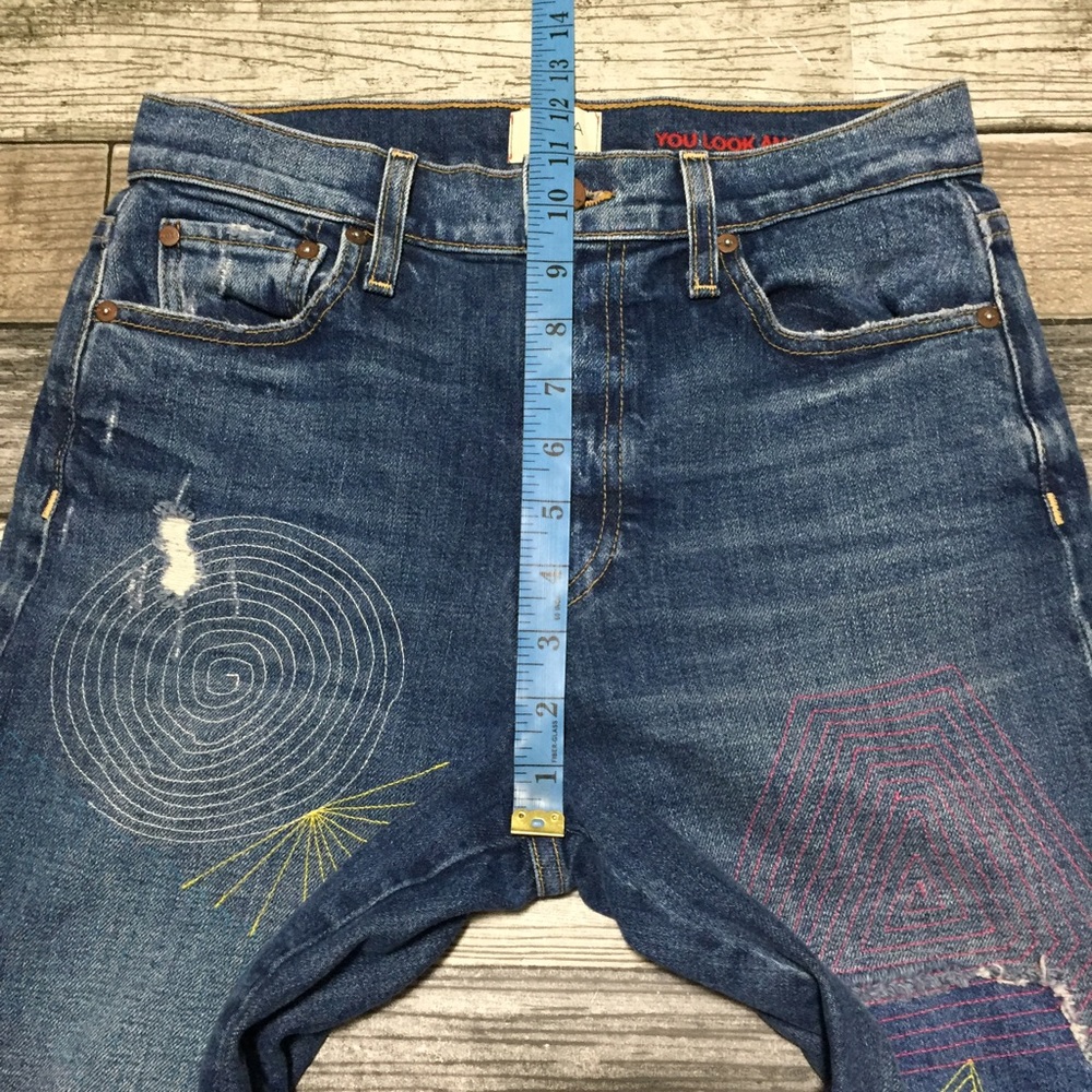 Alice + Olivia Blue High Rise Jeans with Colorful Embroidery - Picture 4 of 11